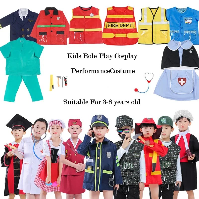 Funny Pro Cosplay Costume for Kids Toys Policeman Fireman Doctor Airplane Captain Nurse Astronaut Chief Judge Role Play Suit