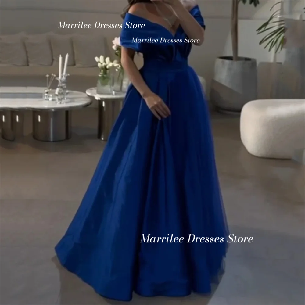 Royal Blue Off The Shoulder A-Line Stain Evening Dress Robe V-Neck Floor Length Pleating Elegant Prom Party Gown Formal Occasion