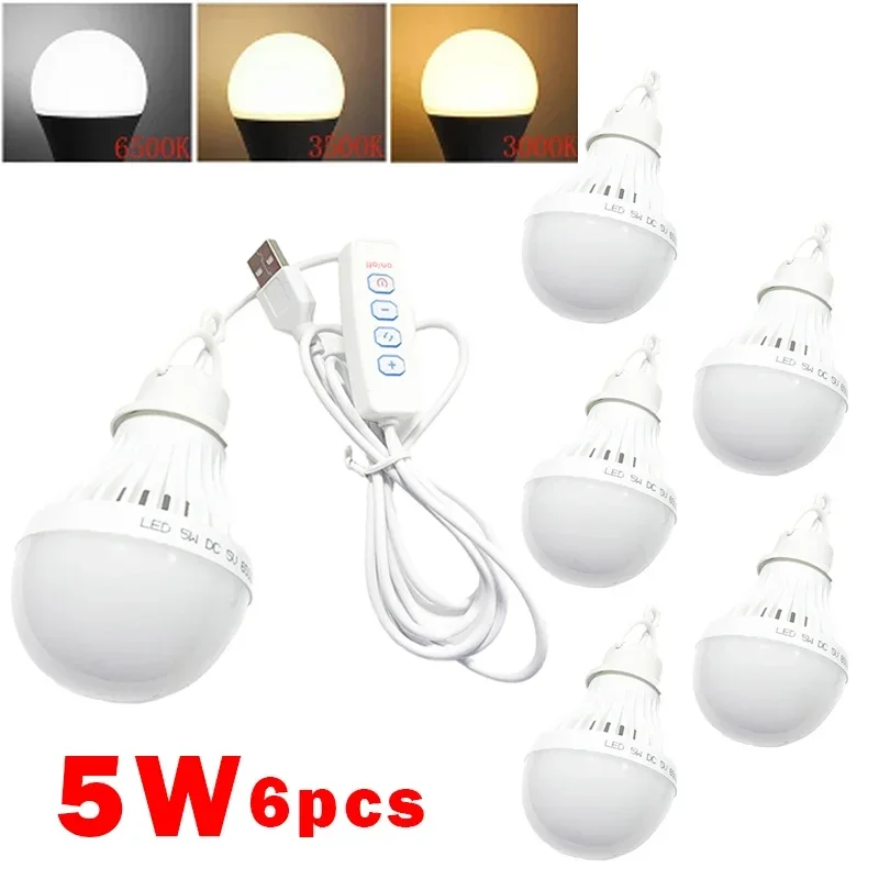 

Camping LED Light 5W Usb Emergency Bulb 3-color Dimmable Hanging Tent Light Barbecue Fishing Repair Outdoor Equipment