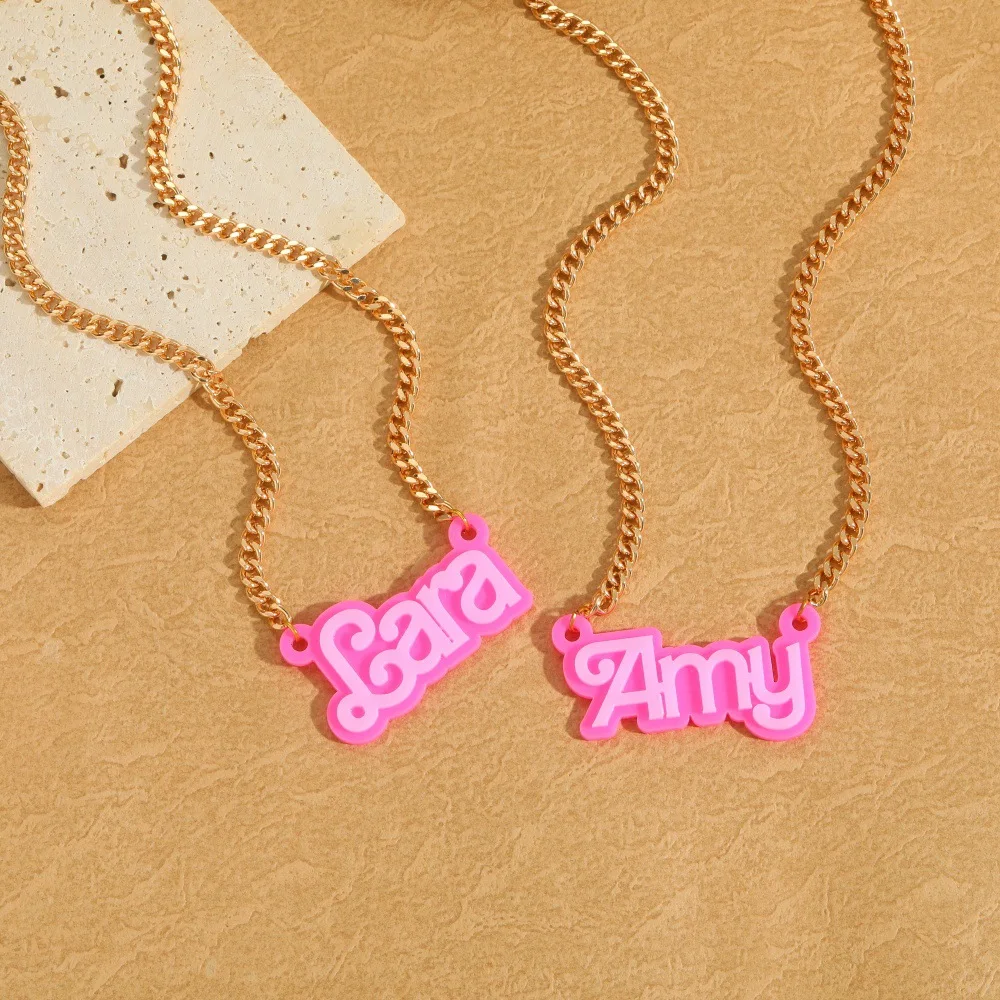 

KADRUFI New Fashion Pink Color Acrylic 3D Name Customized Cuban Chain Necklace for Women Nameplate Personalized Pendant Necklace