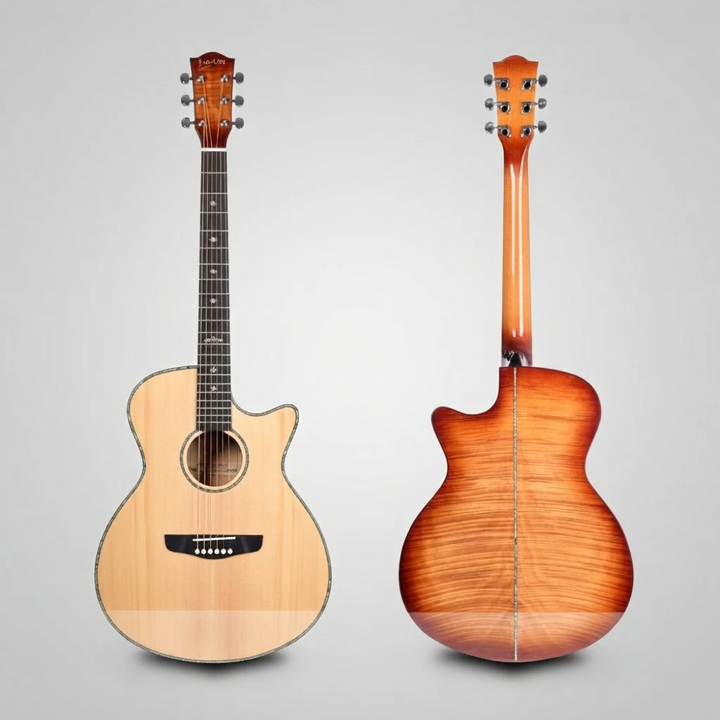 Acoustic Guitar 6 String Cutaway Flame Grain Body Chrome Tuners Cross Inlay Bridge White Pins Glossy Finish With Slim Neck