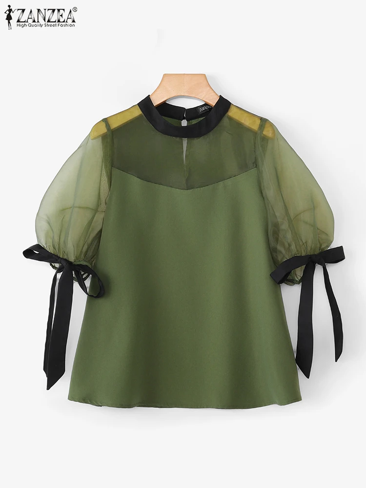 

ZANZEA 2025 Fashion Blouse Women Elegant Lace Hollow Out Blusas Casual Loose 3/4 Lantern Sleeve Tops Autumn O-Neck Pullovers