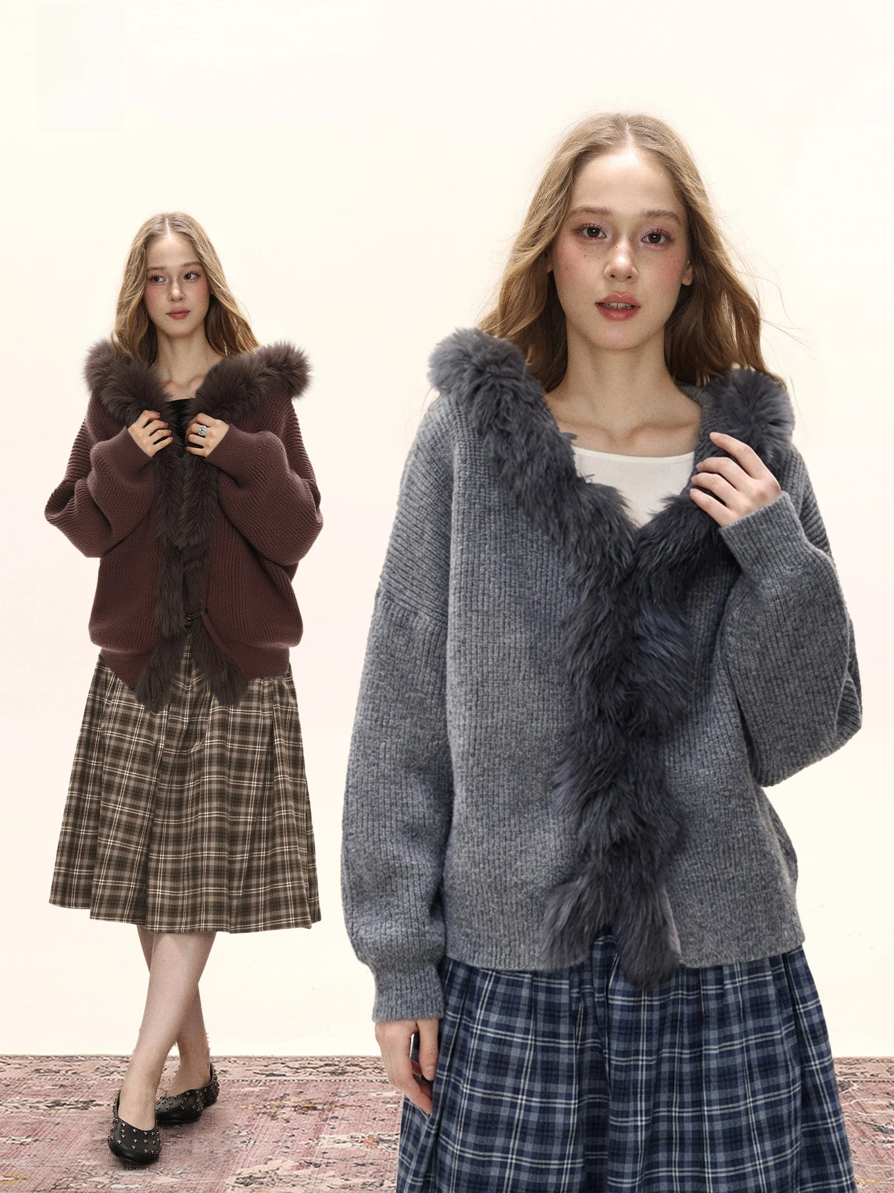 

November American Style Spicy Girl Design Knitted Sweater Coat Women's Autumn Vintage Lazy Loose Outerwear Large Fur Collar