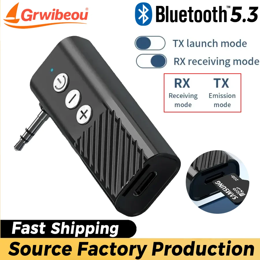 Grwibeou 3 in 1 Car Bluetooth 5.3 Transmitter Receiver Jack Wireless Adapter 3.5mm Audio AUX Adapter Support TF Card Play Back