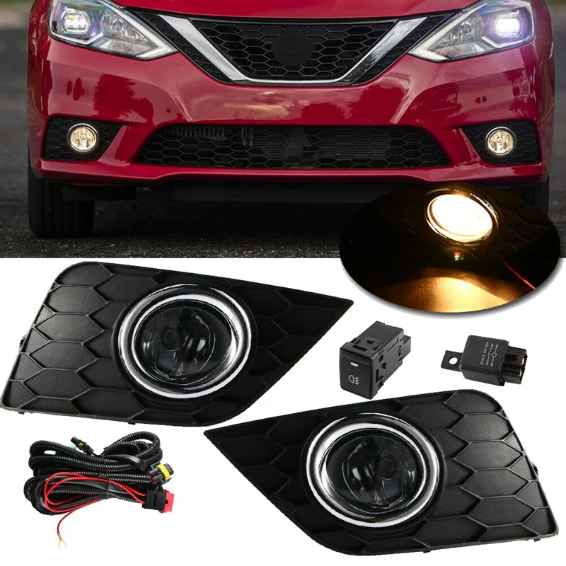 

For 2017-2019 Nissan Sentra Pair Front Bumper Clear Lens Fog Light Lamp With Bulbs + Wiring + Switch Kit Assembly