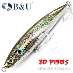 B&U 3D Printing Sinking Pencil Sea Fishing Lure Stickbait Lure Top Water 150mm 69.2g GT Fishing Saltwater Stick Artificial Bait