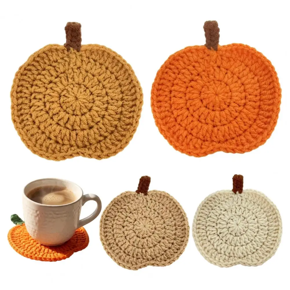 Handmade Crochet Pumpkin Coasters, Soft Polyester Coffee Mats,Farmhouse Dining Accessories for Kitchen Table