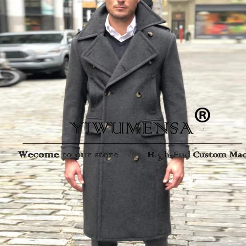 Classic Grey Men's Suit Jackets Tailored Tweed Woolen Blend Trench Coat Long Double Breasted Overcoat Goom Wedding Tuxedos 2024