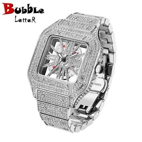 Reloj de diseño con letras de burbujas, esqueleto, esfera roja, VVS, para hombre, ICED, reloj Masculino