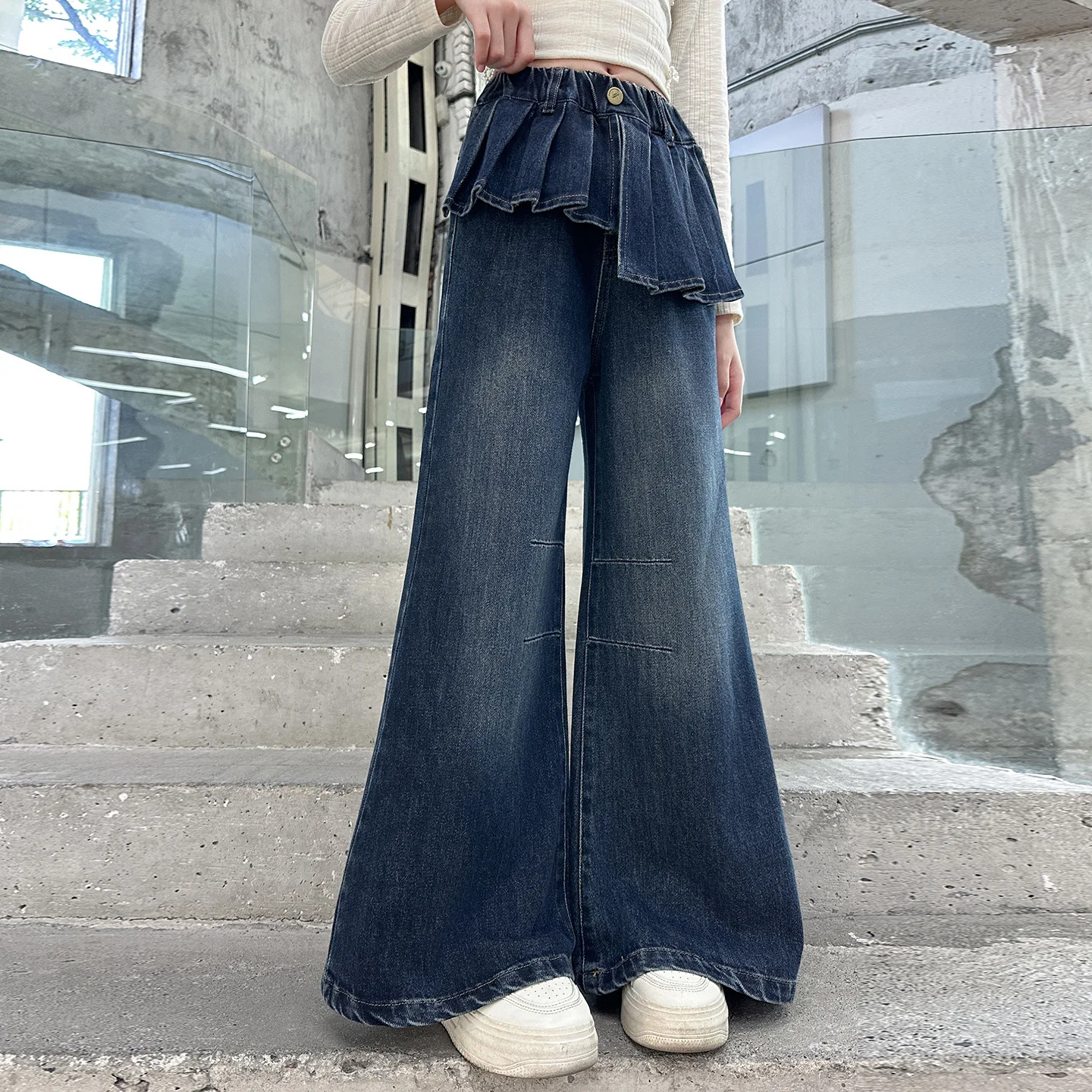 

Autumn Korean School Girls Denim Pant Children Girls Patchwork Contrast Color Trousers Junior Girls Elastic Waist Bootcut Jean