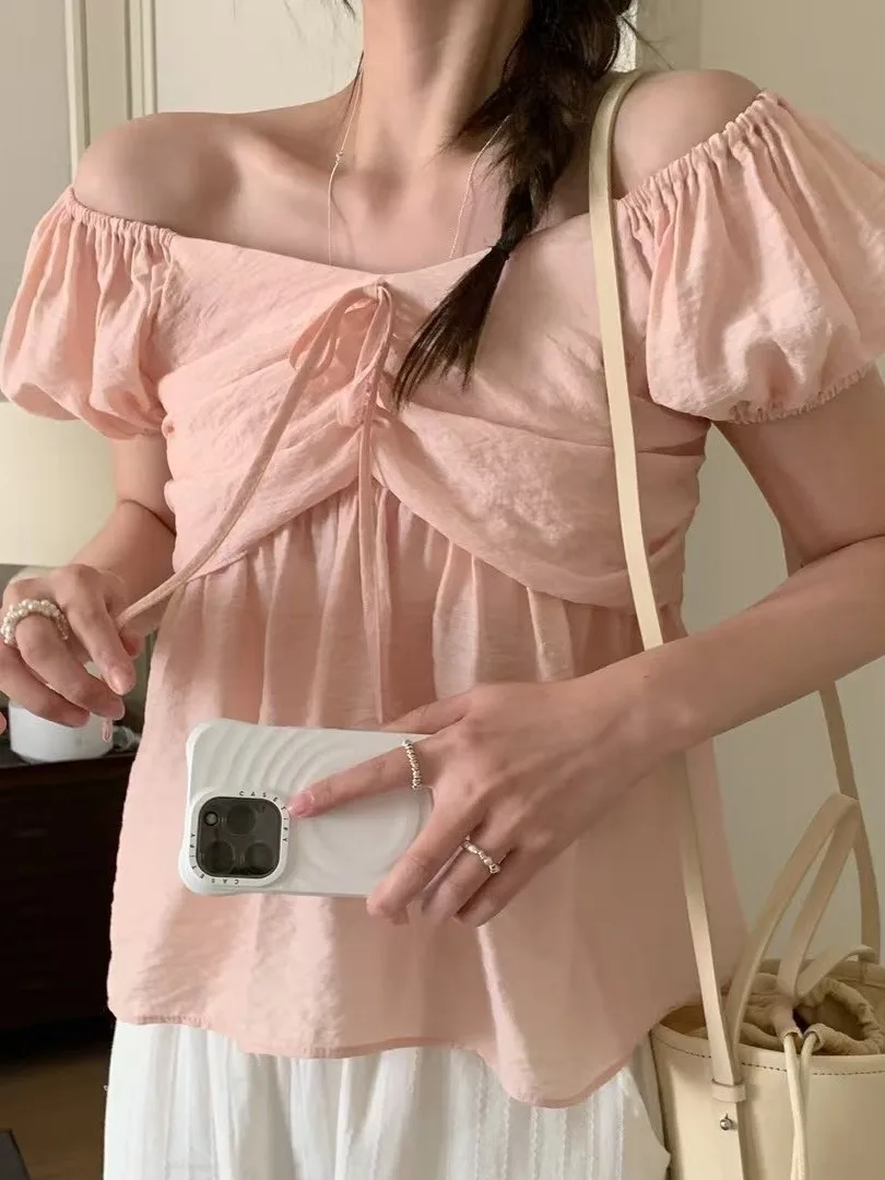 

Sweet Sle V-Ne Bow Tie Bubble Sve irt Women's Summer New Gentle Aosphere Versatile Pure Color Top