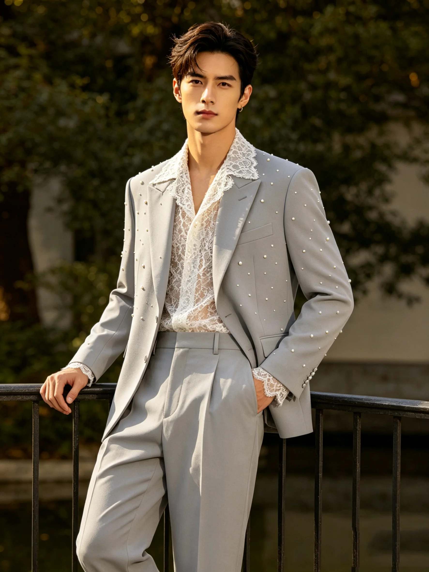 

Beaded Grey Cotton Men Suit Set 2 Pcs Blazer+Pants Prom Wedding Tuxedos Coat Customized Formal Office Fashion Groom Jacket