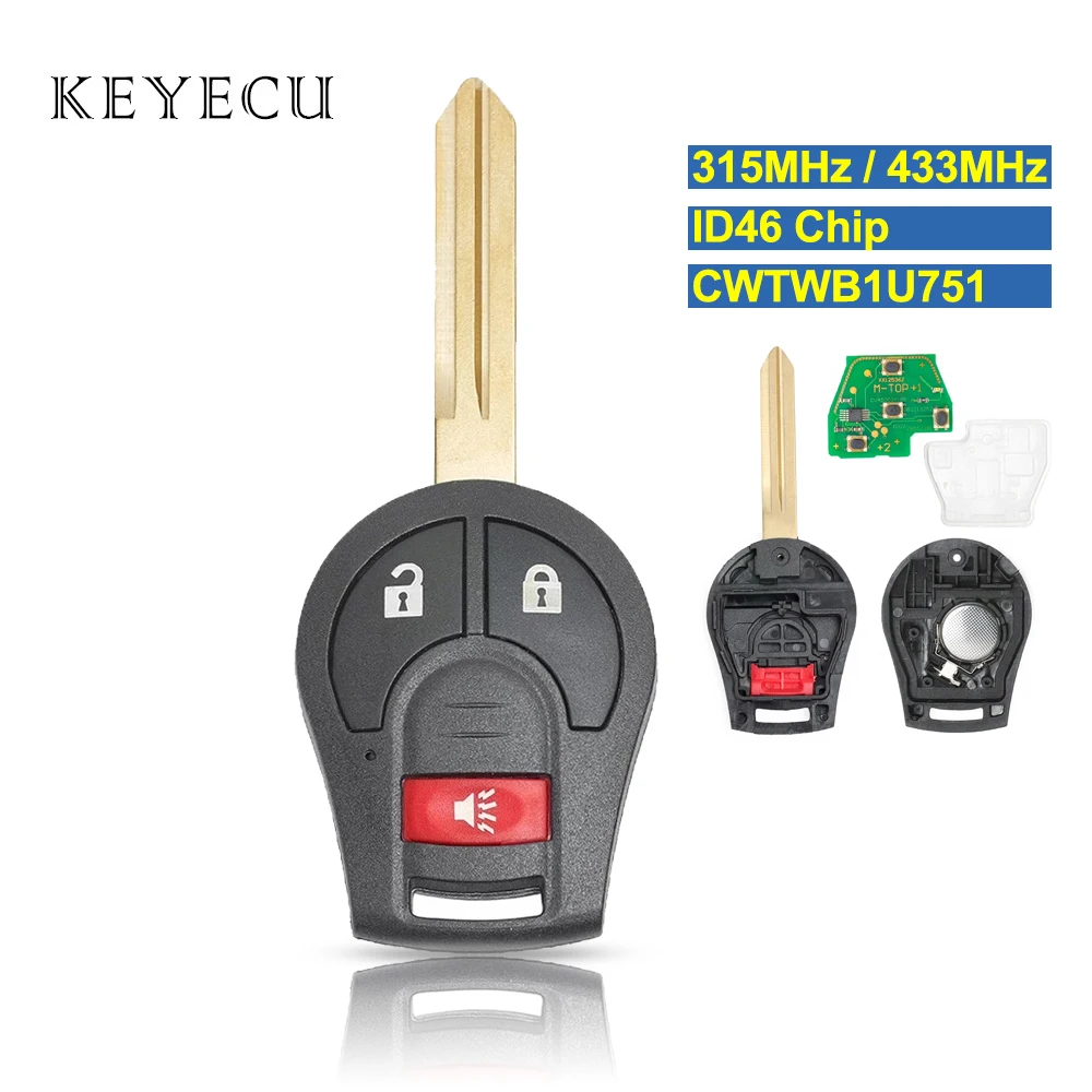 

CWTWB1U751 Remote Car Key Fob Replacement 3 Buttons 315MHz / 433MHz ID46 Chip for Nissan Rogue NV200 Versa Cube Juke