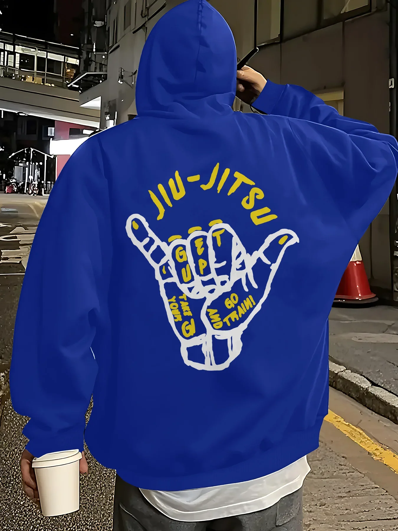 Herren Oversize Hoodie in Schwarz, BJJ Jiu Jitsu Surf Handgestusstraining, Zitat auf der Rückseite, Grafik, Hip Hop Sweatshirt, Streetwear – Detail 10