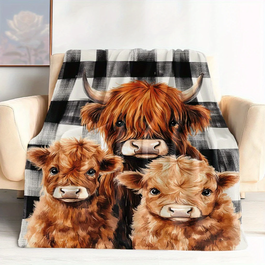 Highland Cow Print Flannel Blanket - Soft Checkered | All-Season Throw for Home Office Travel, Napping Bedtime