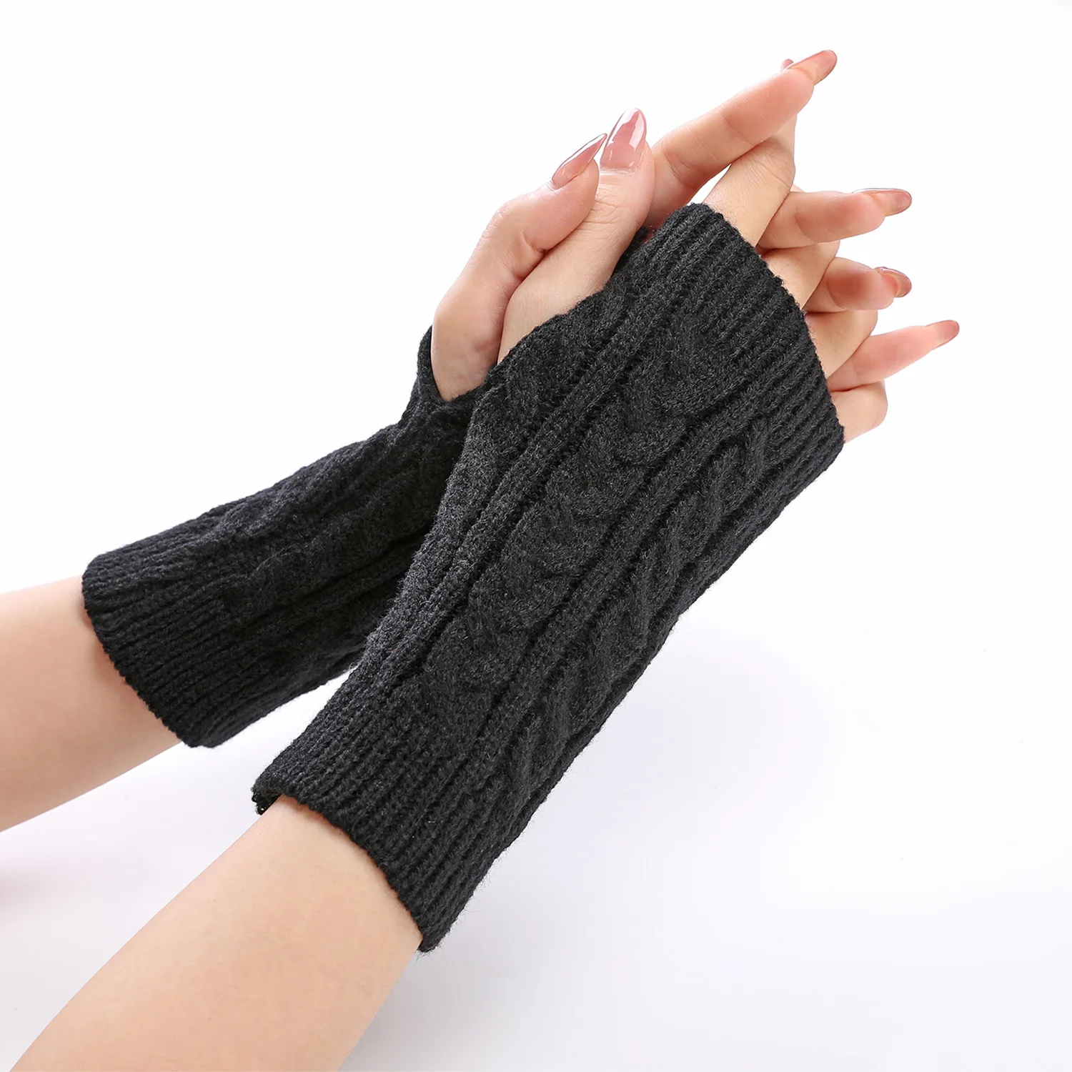 Women Fingerless Anime Gloves Arm Warmers Goth Knitted Gloves  Soft Winter Warm Wrist Sleeves Fashion Twist Pattern Mittens