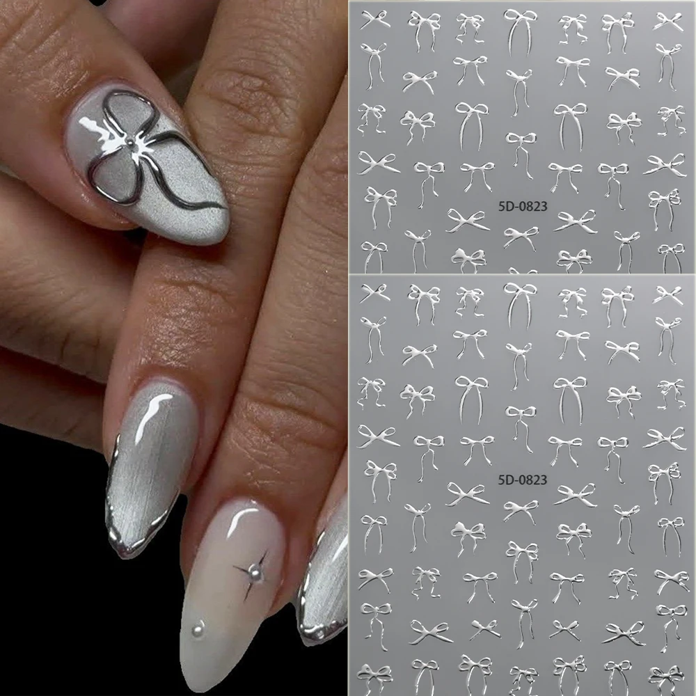 1/2Pcs 5D Embossed Silver Bow Nail Stickers y2k Metallic Silver Balletcore Bowtie Adhesive Nail Decals Delicate Ribbon Bow Nail