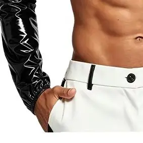Mens Waterproof Glossy Crop Top Nightwear Crew Neck Long Sleeve Back Zipper T-shirt Crop Sweat Top for Nightclub Rave Dance