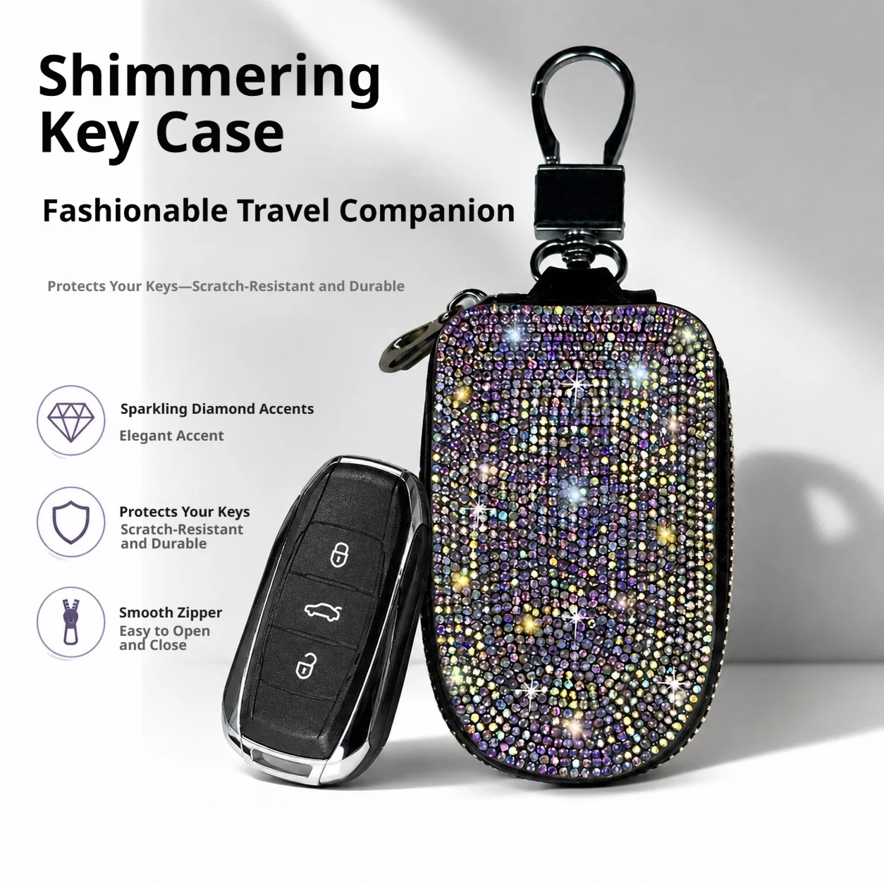 Bling Rhinestone Car Key Case PU Leather Zipper Auto Remote Key Holder Women, Christmas Halloween Holiday Fashion Ladies Gift