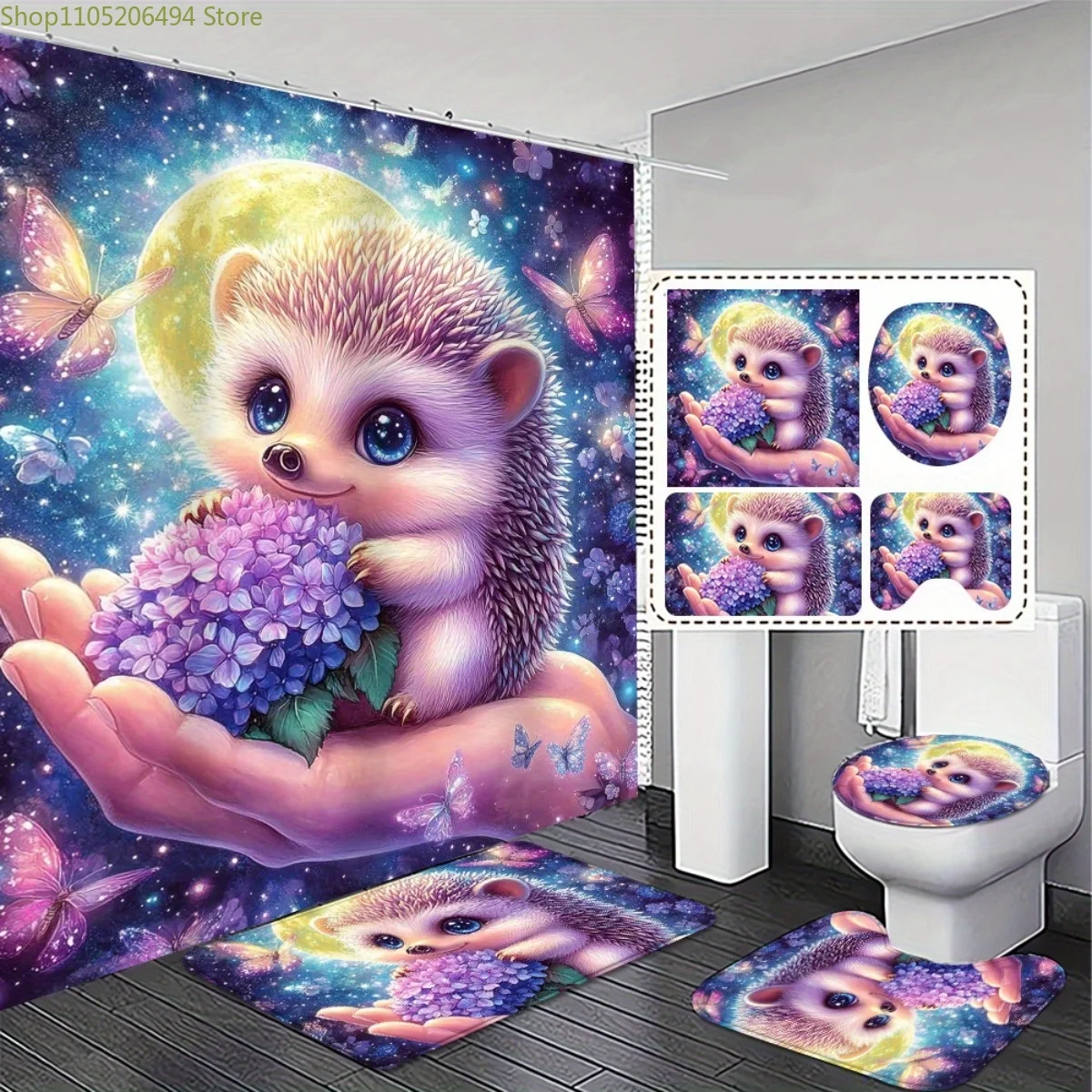 

1/3/4pcs. Cartoon Cute Innovative Hedgehog Design 2D FLAT Shower Curtain and Non-Slip Bath Mat Set - Perfect for Adding a Touc