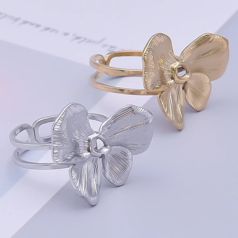 

Elegant Flower Shape Butterfly Jewelry Double Layered Open Adjustable Stainless Steel Rings For Women Accessories Girl Birthday