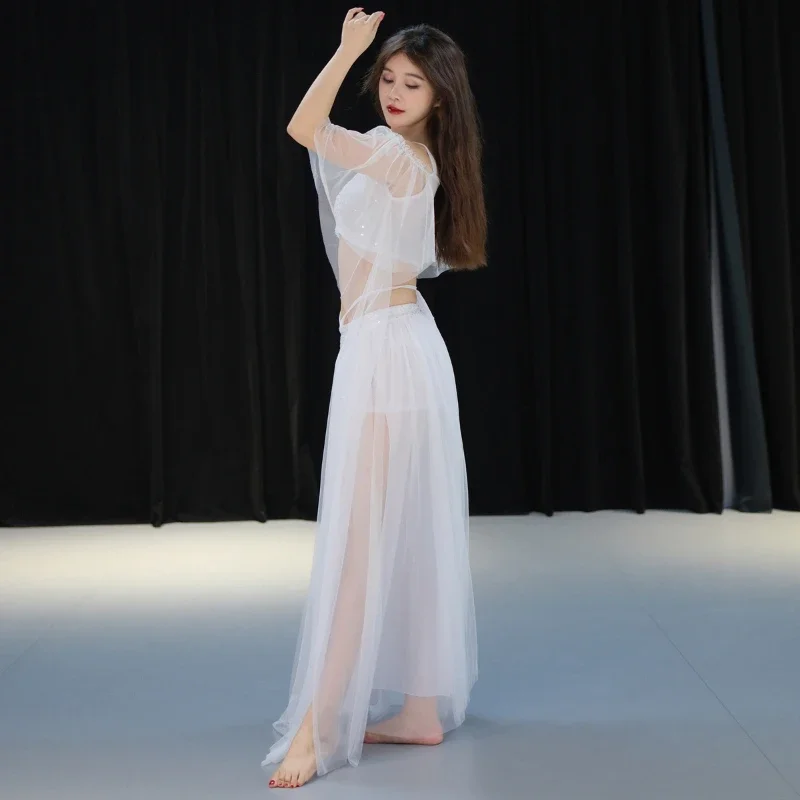 Costume de danse du ventre luxueux pour femmes, haut à manches évasées + jupe longue, 2 pièces, vêtements d'entraînement professionnel Oriental pour adultes