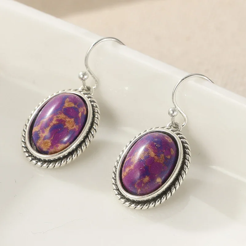 Fashion Oval Purple Turquoise Pendant Earrings Bohemian Silver Color Drop Earrings Party Casual Daily Styling Jewelry