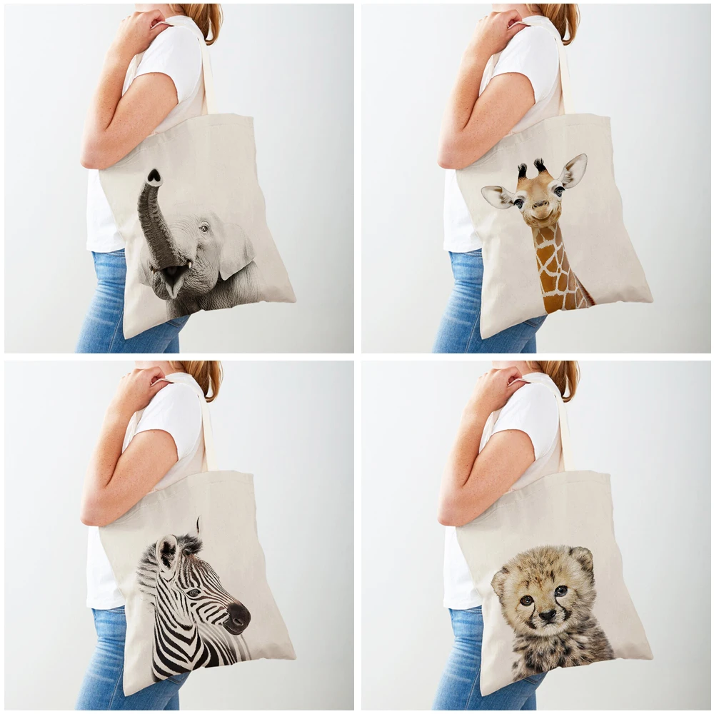 Bunny Rabbit Elephant Giraffe Bear Travel Tote for Lady Handbag Shopper Bag Double Print Animal Canvas Women Shopping Bags