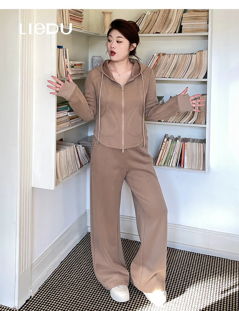 LIEDU Casual Korean 2 Piece Set Women Cozy Tailored Slim Fit Zip Up Hoodie High Waist Wide Leg Pants Casual Daily Outfit 2025
