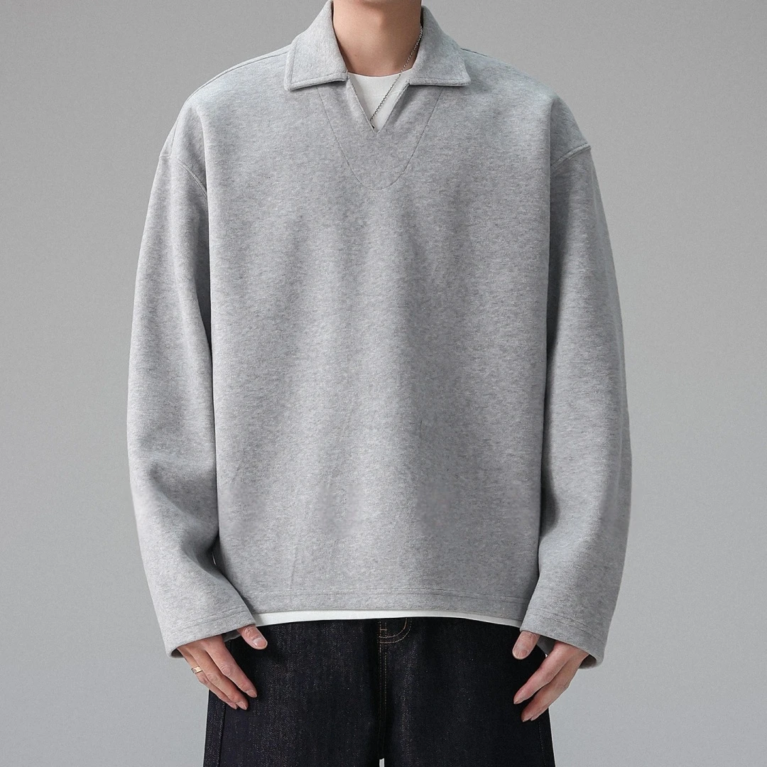 Mens Two Piece Layering T Shirt Sweatshirt Vintage V Neck Drop Shoulder Long Sleeve Pullover Spring Fall Oversized Streetwear
