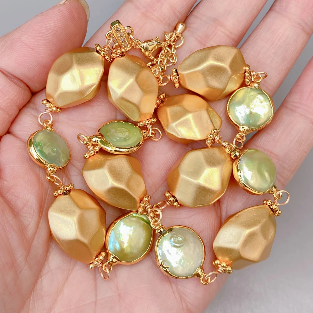 

KKGEM Faceted nugget gold plated frosted beads green freshwater pearl wrap bracelet