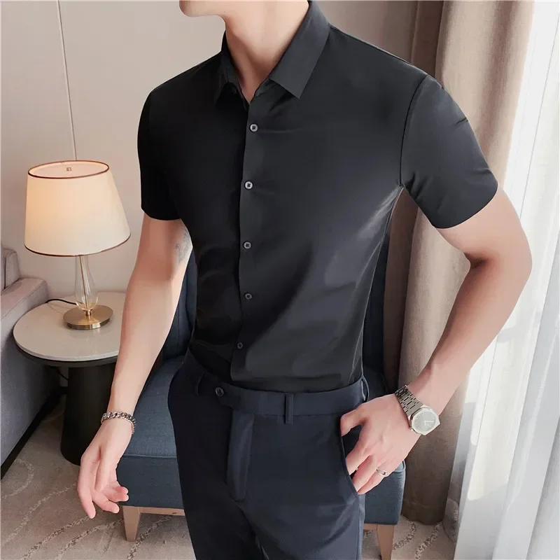 Men High Elasticity Slim Fit Shirt 2024 Summer Thin Breathable Short Sleeve Shirt Solid Casual Formal Dress Shirt Men Clothing