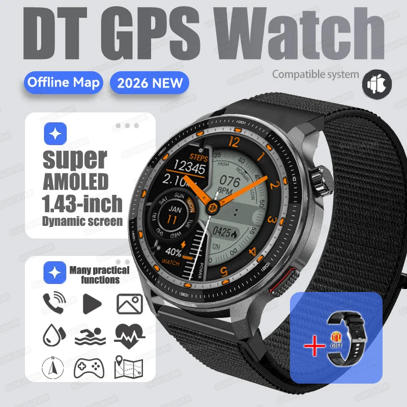 2026Nieuwe Tactische Sport Smartwatch Mannen Ingebouwde GPS Offline Kaart 4GB Geheugen 10ATM/IP69K Waterdicht Zwemmen Militray Smart Bracele