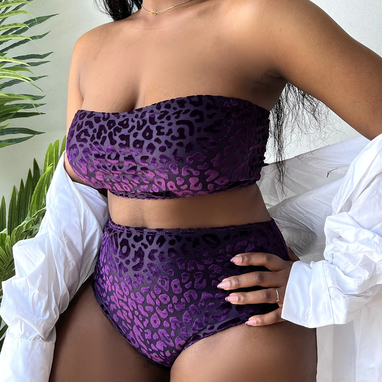 Plus Size Velvet Leopard Bandeau High Waist Bikini Set