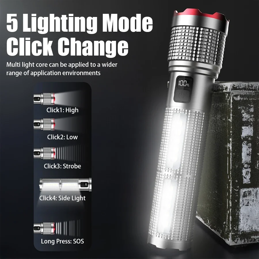 Lampes de poche Led haute puissance forte, torche latérale COB avec affichage, charge de Type C, lanterne Zoom pour Camping, pêche, Defensa