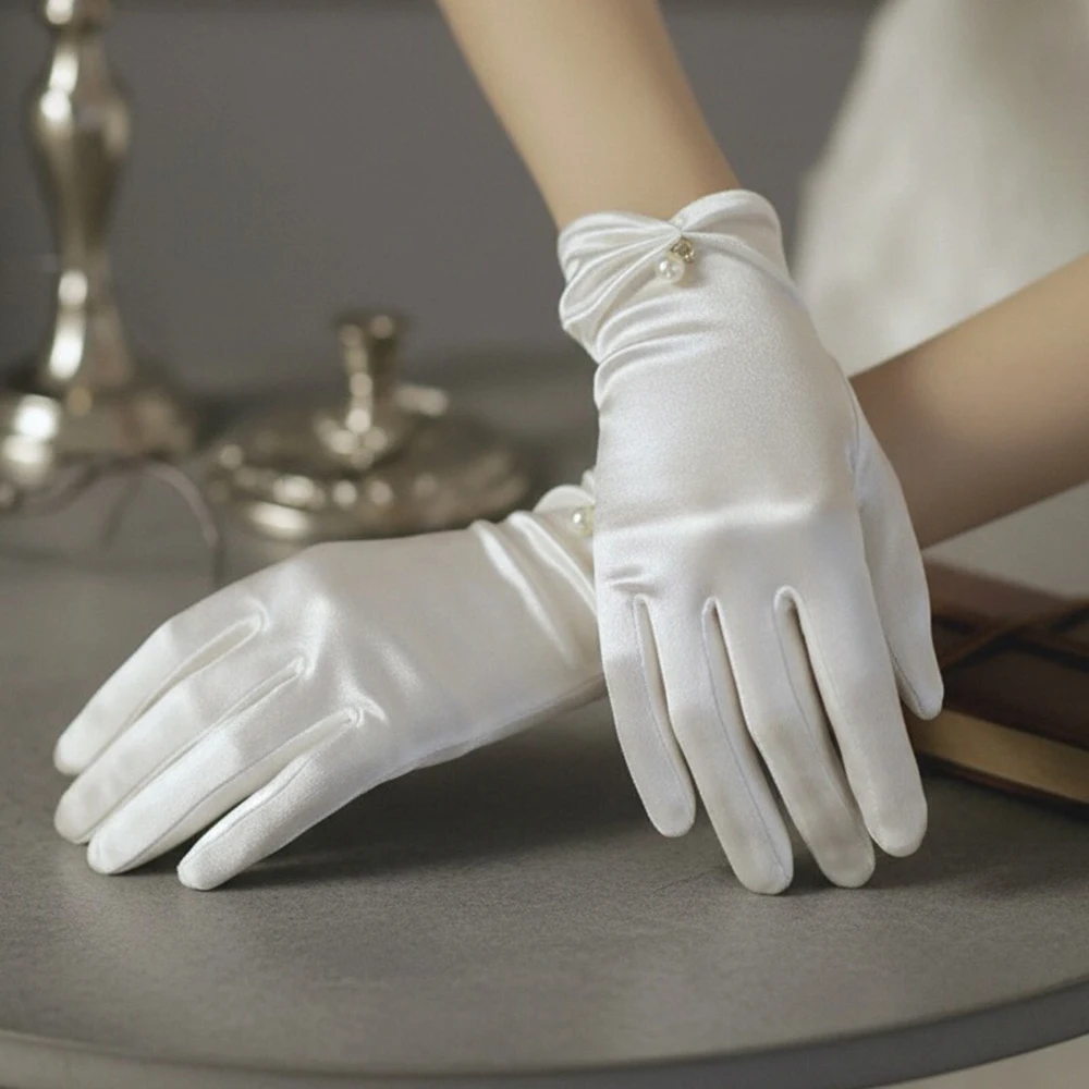 ブライダルグローブ-ショートエレガントサテンウェディンググローブ-パールリボン付き-日焼け防止-伸縮性のあるヴィンテージスタイルグローブ-アクセサリー