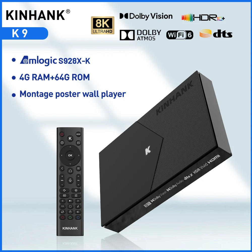 

KINHANK K9 Android TV Box 8K ISO BDMV Amlogic S928X-K 4 ГБ 64 ГБ Dolby Vision Atmos HDR10+ Телеприставка Wi-Fi6 с проигрывателем Montage