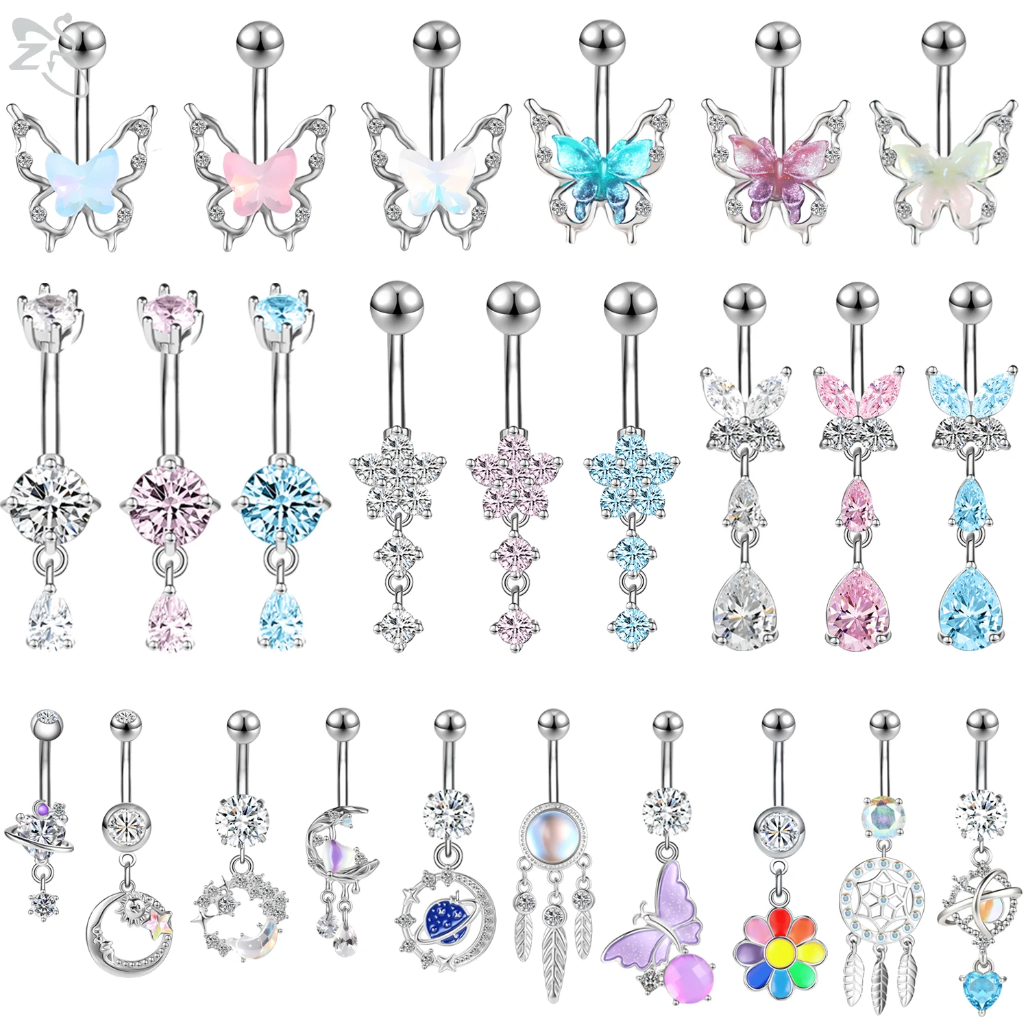 

ZS 1PC Stainless Steel Dangle Belly Ring AAA Cubic Zircon Belly Button Piercing for Women Girl Butterfly Ombligo Body Jewelry
