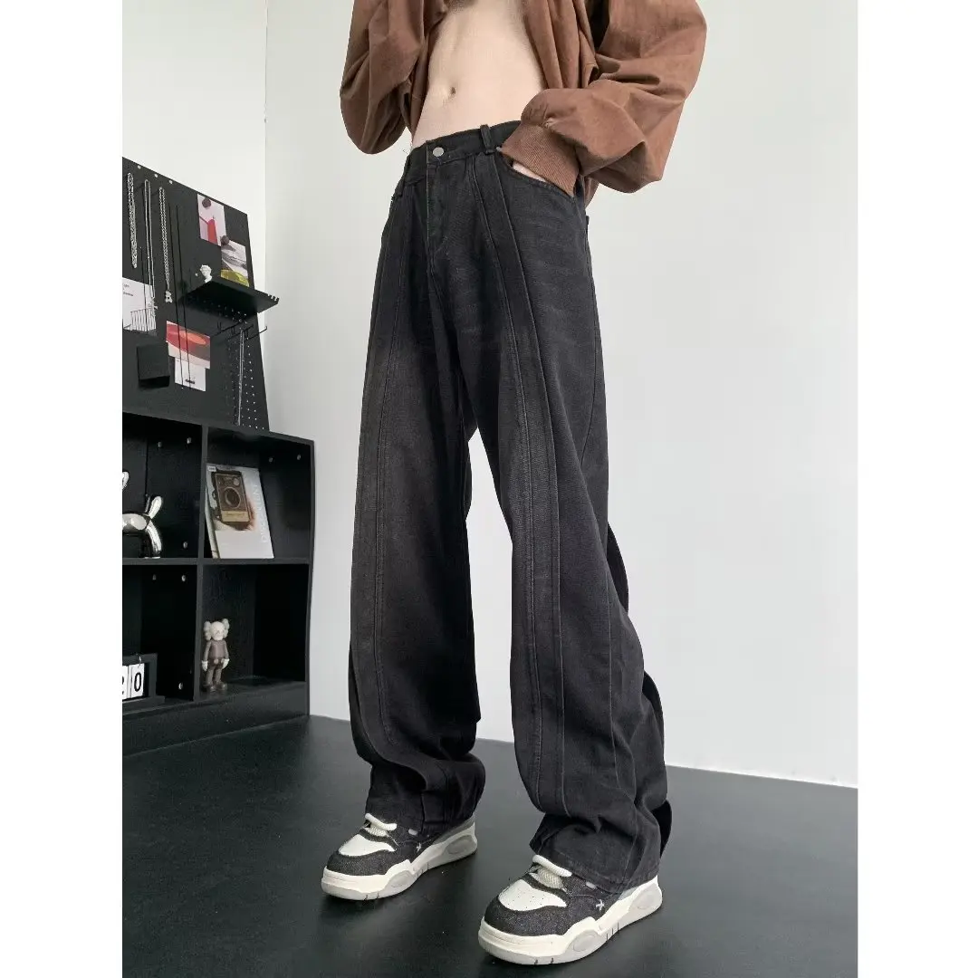 

Fall High Street Slim Fit Straight Leg Men's Jeans Distred Wa Casual Long Trousers Trendy Straight Leg Pants