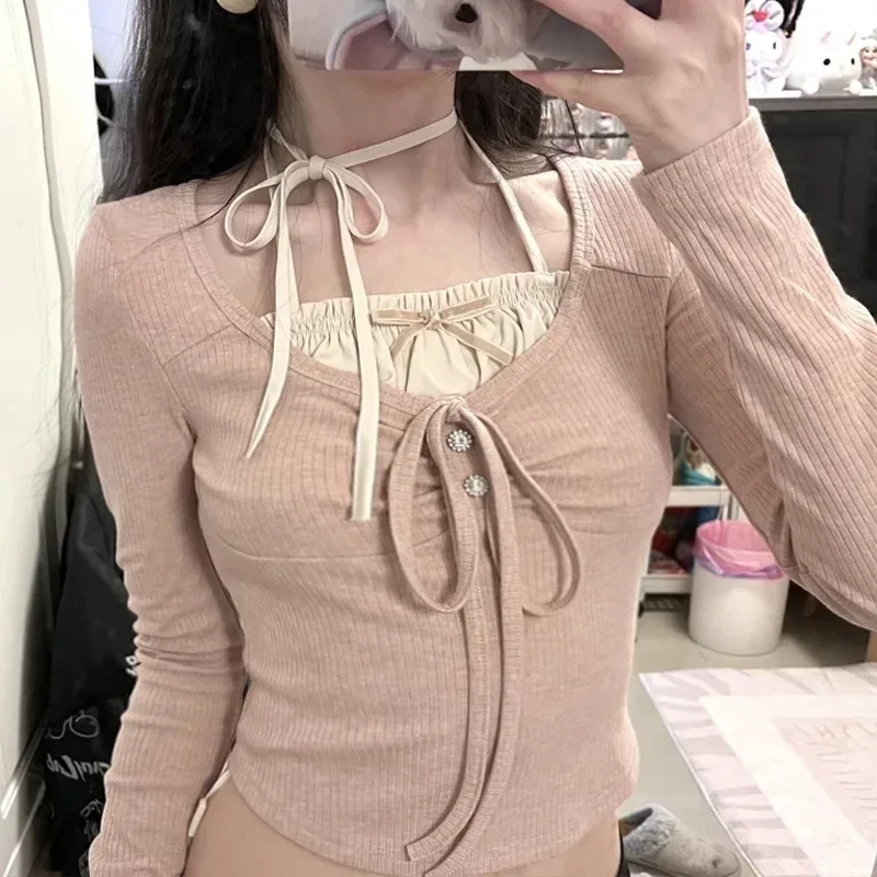 Sweet Y2K Lace Contrast Patchwork Slim Long Sleeve Pink T Shirt Women 2000s Cute Kawaii Clothes