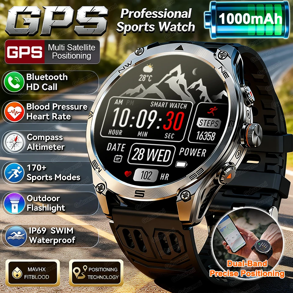 

Спортивные умные часы с GPS, аккумулятором 1000 мАч, компасом, водонепроницаемостью 10ATM, тактическим фонариком, функцией звонков по Bluetooth, смарт-браслет для мужчин