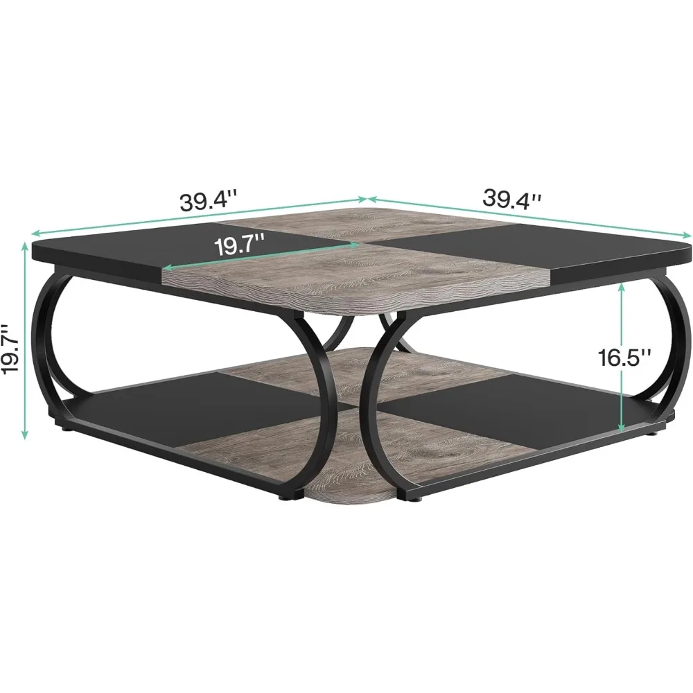 Coffee Table with Open Storage Shelf for Living Room, 39 Inch Large Wood Center Table Square Low Coffee Tables 2 Tier