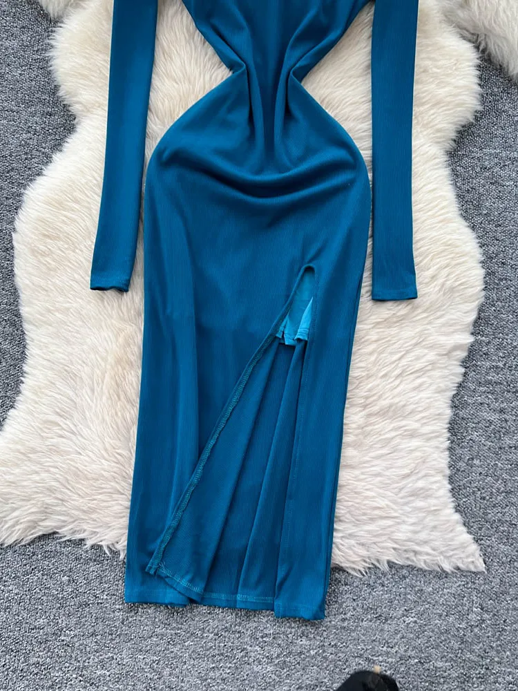 엘리 커뮤트 슬레 롱 스웨 원숄더 드 여성용 슬림핏 홀로우 아웃 슬릿 랩 어라운드 롱 스커트 시 커뮤트