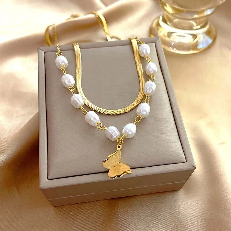 ANENJERY L316 Stainless Steel Double Layer Pearl Chian Butterfly Pendant Necklace for Women Fashion Exquisite Jewery Accessory