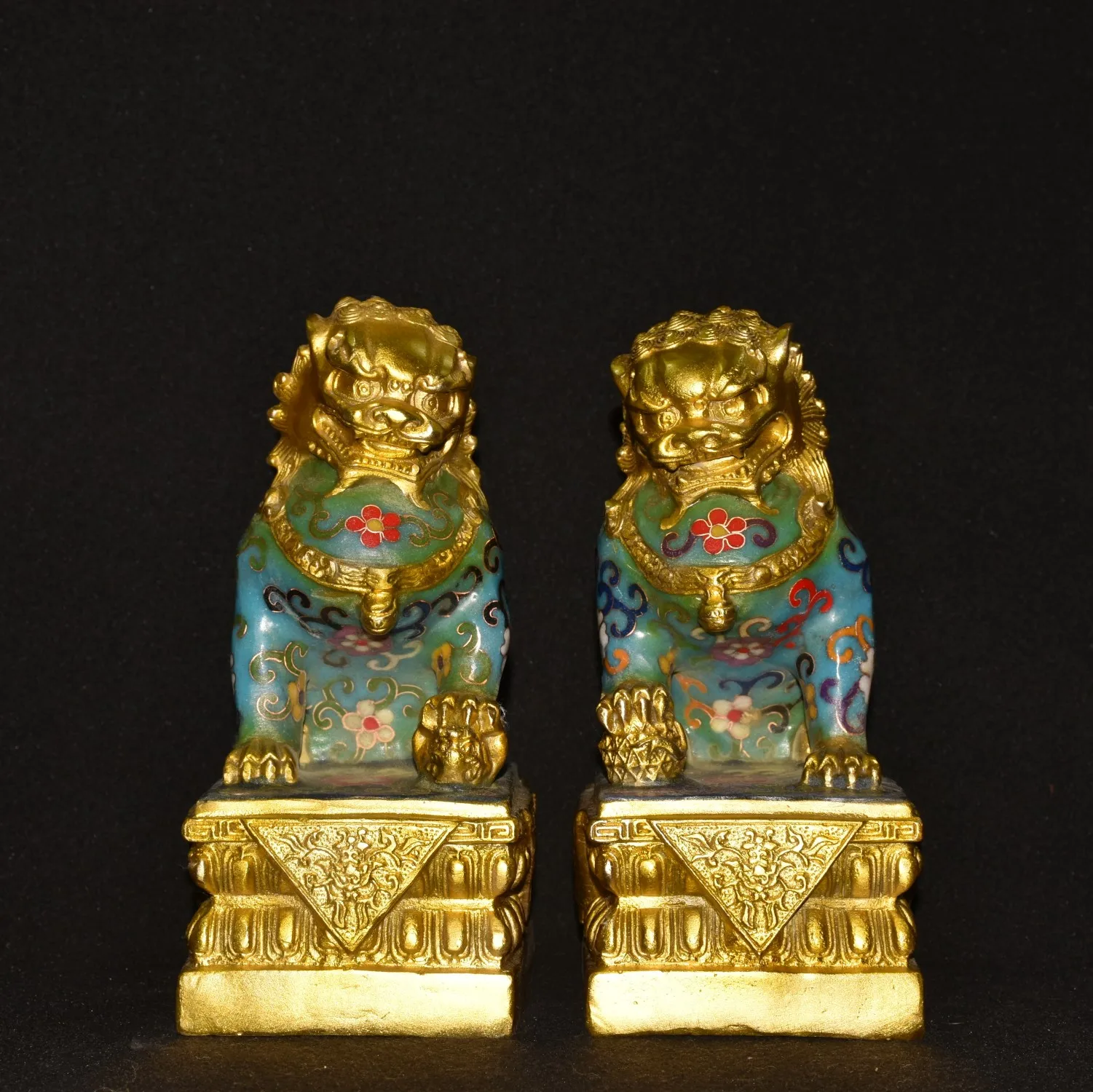 

9"Tibetan Temple Collection Old Bronze Cloisonne Enamel Lion Statue Beijing Gate Lion A Pair Gather fortune Ornament Town House