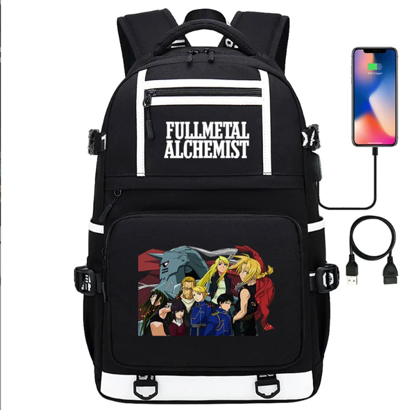 

Anime Fullmetal Alchemist Backpack Mochila Teenarges Schoolbag Edward Elric Men Women Causal USB Charge Port Large Laptop Bag