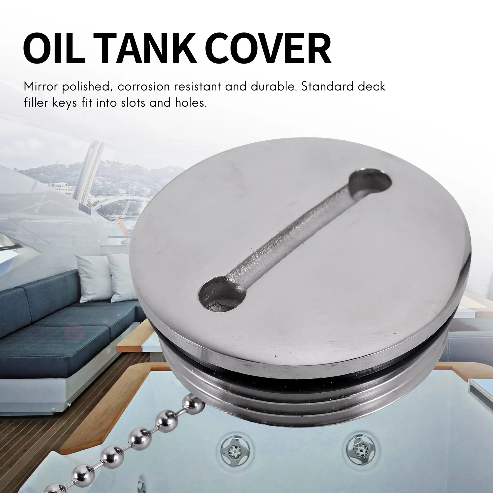 Boat Deck Fill Filler Replacement Cap with Chain Stainless Steel Fuel Water Gas