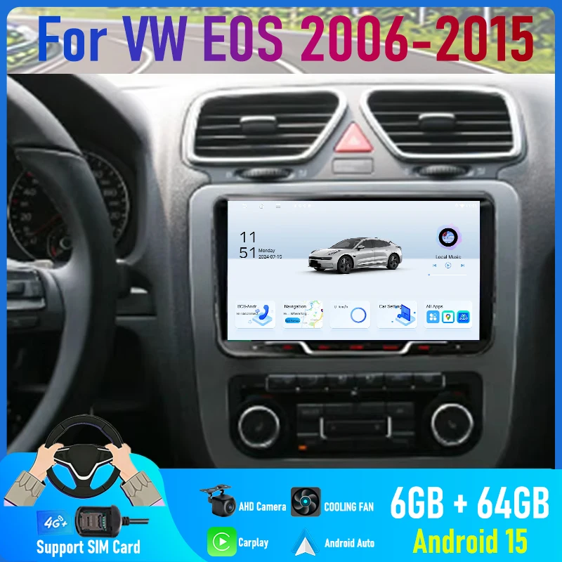 

9'' For VW EOS 2006-2015 Car Radio 4G SIM Wireless Carplay Android 15 Auto GPS 2DIN Reversing Image Stereo Bluetooth Google Map