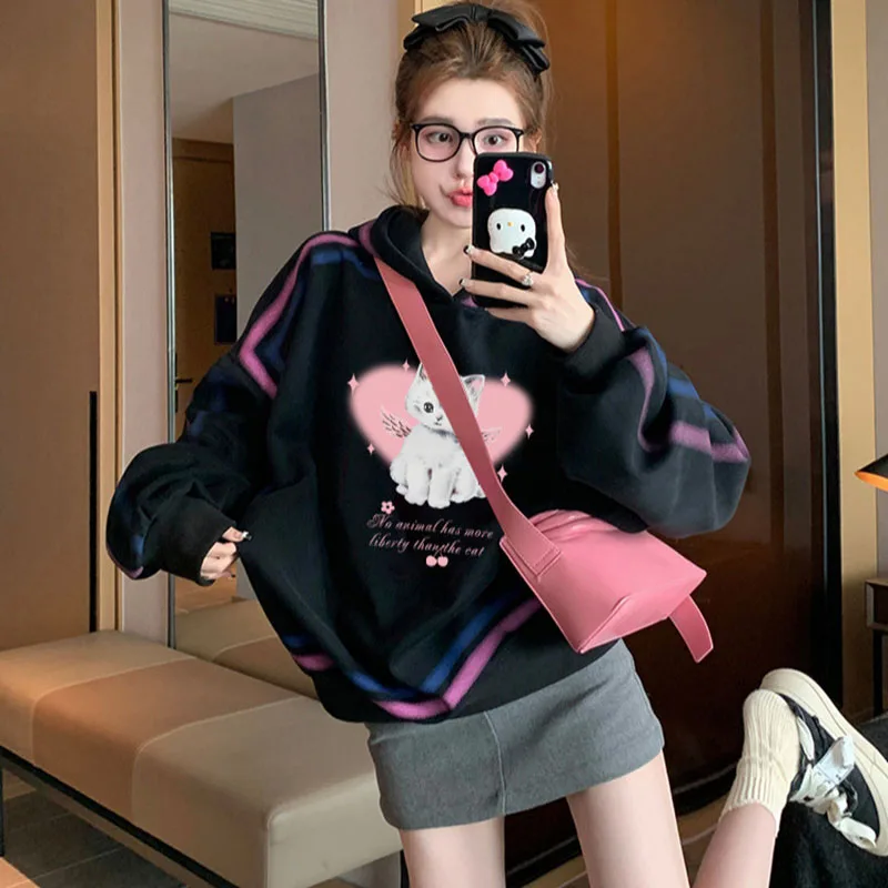 Women's Sweater Personality Cartoon Printed Pullover Top Mid-length Hoodie Color Line Fashion Korean Style Street Thin Y2k