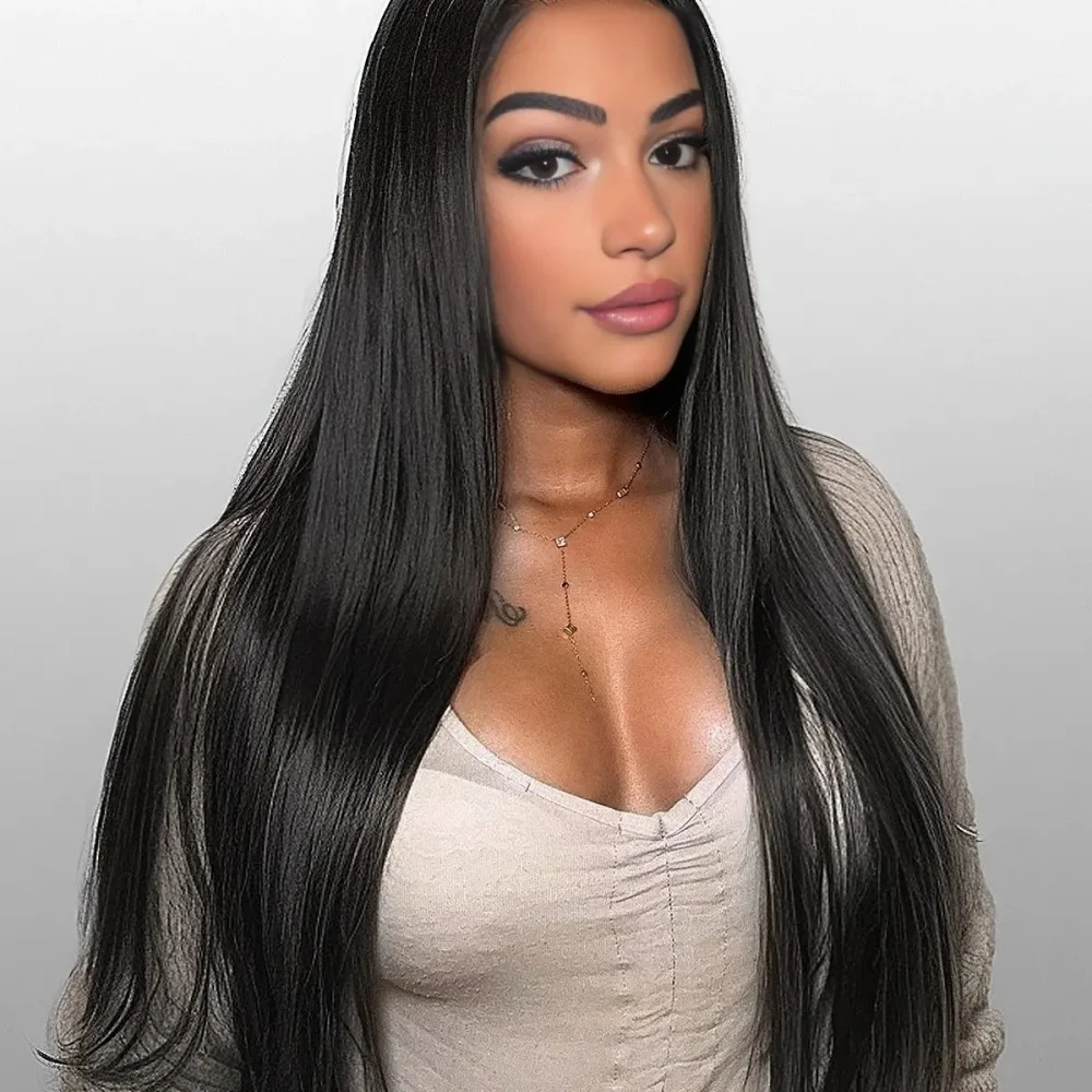 36 Inch Straight Lace Front Human Hair Wigs 13×4 Natural Color 220Density Pre Plucked Transparent Lace Frontal Wig For Women1B